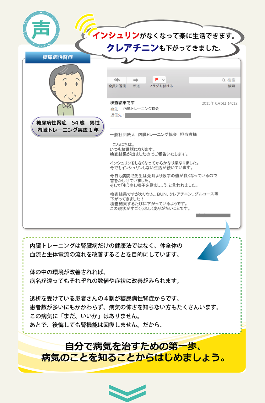 インシュリンがなくなって楽に生活できます。クレアチニンも下がってきました
