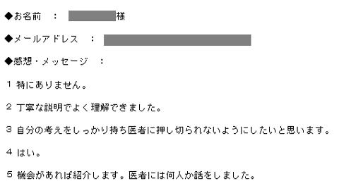 １特にありません。２丁寧な説明でよく理解できました。３自分の考えをしっかり持ち医者に押し切られないようにしたいと思います。４はい。５機会があれば紹介します。医者には何人か話をしました。