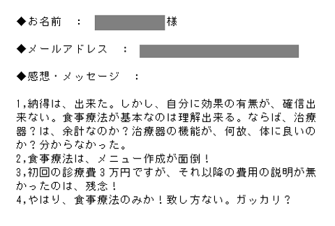 1,納得は、出来た。しかし、自分に効果の有無が、確信出来ない。食事療法が基本なのは理解出来る。ならば、治療器？は、余計なのか？治療器の機能が、何故、体に良いのか？分からなかった。2,食事療法は、メニュー作成が面倒！3,初回の診療費3万円ですが、それ以降の費用の説明が無かったのは、残念！4,やはり、食事療法のみか！致し方ない。ガッカリ？