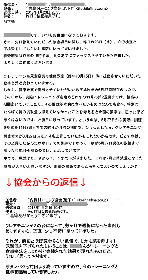 クレアチニンも尿素窒素も健康教室（昨年10月15日）時に提出させていただいた数字と殆ど変わっていません食べたいものはなんでも食べ、特別にたんぱく質の摂取量も抑えていなかったことを考えると今回の数字は、思ったほど悪くはないのでは、と勝手に思っています。中でも、尿酸は8.9から7.1まで下がりました。