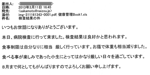 検査結果は良好かと思われます。食事制限は自分なりに相当厳しく行っています。お蔭で体重も相当減りました。食べることが楽しみであった小生にとってはかなり厳しい日々を過ごしています。