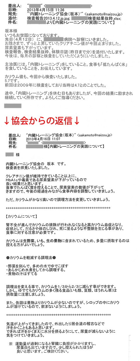 お陰さまで、ずっと上昇していたクリアチニン値が今回止まりました。尿素窒素も下がっています。 検査報告、検査結果抜粋、体験日誌（昨日まで分）を添付いたします。今後は、毎月の診察と検査をしていただくようにいたしました。カリウム値も、今回から検査いたしました。5.7です。 