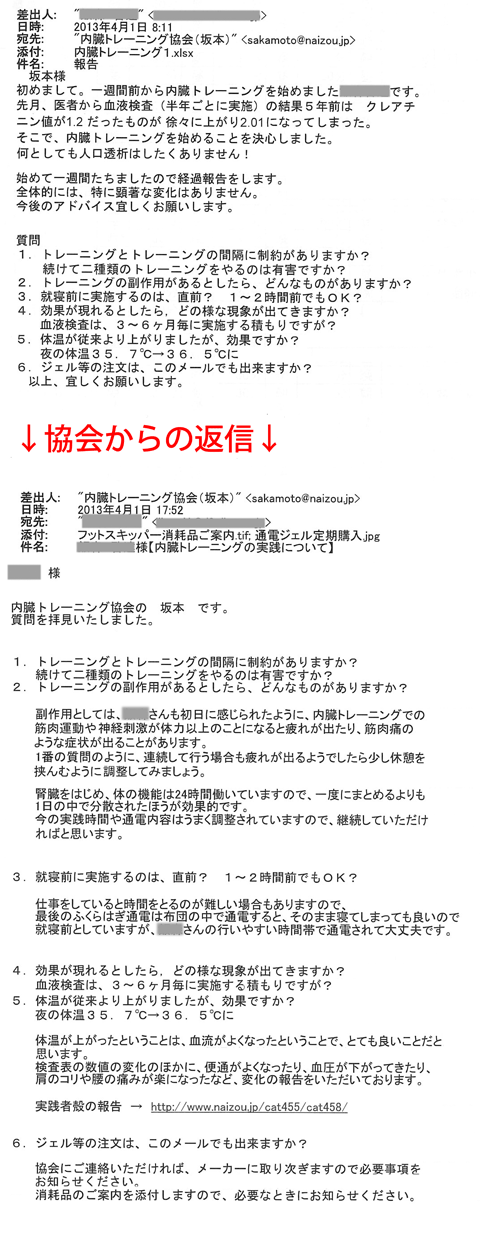 先月、医者から血液検査(半年ごとに実施)の結果5年前はクレアチニン値が1.2だったものが徐々に上がり2.01になってしまった。そこで、内臓トレーニングを始めることを決心しました。何としても人工透析はしたくありません!