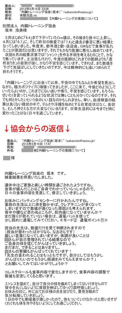 3月はじめに「6.4」まで下がっていたＣｒｅ値は、その後また徐々に上昇し、4月には「6.7」に、そして昨日の検査では「7.4」と過去2番目に悪い結果となってしまいました。次回6月の結果次第では「シャント」を作る手術を考えるとのことで、かなり焦っています。主治医も代わり、今度の医師はこれまでの医師よりも「透析ありき」の姿勢が強く、かなり不安を感じています。できれば、また数値を下げて先延ばしにしていきたいのですが、今は精神的にも追いつめられて折れそうです。