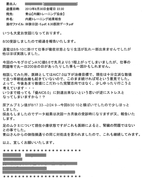 今回のヘモグロビンＡ1ｃ値6.6で先月より0.1程上がってしまいましたが、仕事の問題等で丸一日200台の日があったりしたことも一因かもしれません。相談してみた所、医師としてはＡ1ｃ7.0以下が治療目標で、現在は十分立派な数値で且つ早朝低血圧も起きていないので、このまま続ければ可という意見でした。よって、今後あまり数値にこだわった完璧思考ではなく、少しゆったり行こうと考えています・・・尿アルブミン値が8/17　33→2/24　9→今回8/30　10と横ばいでしたので少しほっとしました。足のむくみにつてい現在小康状態ですがこれも医師によると腎臓の問題ではないとのことでした。