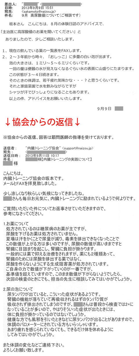 坂本さんこんにちは、8月の体験日誌のアドバイスで、「主治医に高尿酸値のお薬を聞いてください」とありましたので、少しご相談いたします。1.現在飲んでいる薬の一覧表をファックスします。2.2～3年前から時々、「おしっこ」に多量の白い泡が出ます。泡の大きさは1ミリ～5～6ミリくらいです。一回の量は便器の水が見えなくなるぐらい水野表面に山盛りにたまります。この状態が3~4日続きます。その時の体調は、若干疲れ気味かな・・・？と思うくらいです。それと家庭菜園で水を飲みながらですが、シャツが汗でびっしょにになることもあります。以上の件、アドバイスをお願いします。