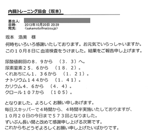 この10月8日に血液検査を受けました。結果をご報告申し上げます。尿酸値前回の8.9から（3.3）へ。尿素窒素25.6から（18.2）。クレアチニン1.36から（1.21）。ナトリウム144から（1.41）。カリウム4.6から（4.4）。クロール107から（105）。となりました。毎日スキッパーで4時間から4時間半実施いたしておりますが10月20日の強まで573回となりました。ずいぶん長い間と改めて感謝申し上げる次第です。