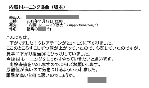 下がりました！クレアチニンが2.1～1.9に下がりました。ここのところすこしずつ値が上がっていたので、心配していたのですが見事に下がり相当Ｄｒもびっくりしていました。今後もトレーニングをしっかりやっていきたいと思います。尚検査値をファックスしますのでよろしくお願いします。尿酸値が高いので気を付けるよう言われました。尿酸が高いと何に悪いのでしょうか。