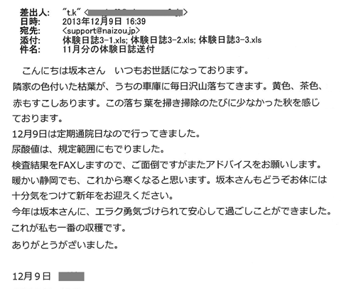 12月9日は定期通院日なので行ってきました。尿酸値は規定範囲にもでりました。検査結果をFAXしますので、ご面倒ですがまたアドバイスをお願いします。今年は坂本さんにエラク勇気づけられて安心して過ごすことができました。これが私も一番の収穫です。