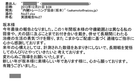 今年最後の報告となりました。この1年間坂本様の守備範囲とは異なる私の弱音や、犬の話に及ぶことまでお付き合いを頂き、合わせて長期間にわたる治療生活の勇気づけを賜り、またこまかなご配慮に基づく適確なご指示に心から感謝しております。来年の心構えとしては、計測された数値をあまりきにしないで、長期戦を覚悟してのんびりとやっていきたいと考えております。変わらぬご指導をお願い致します。