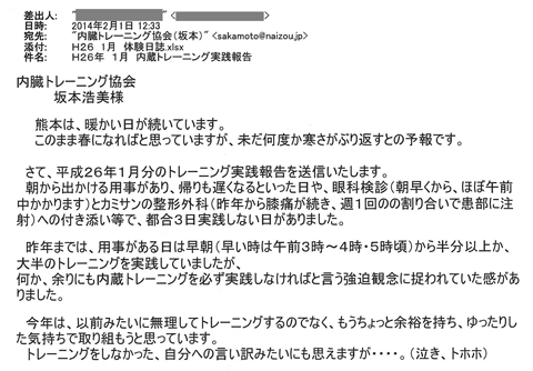 平成26年１月分のトレーニング実践報告を送信いたします。朝から出掛ける用事があり、帰りも遅くなるといった日や、癌か検診（朝早くから、ほぼ午前中かかります）とカミサンの整形外科（昨年から膝痛が続き、週１回の割り合いで患部に注射への付添い等で、都合３日実践しない日がありました。昨日までは、用事がある日は早朝（早いときは午前３時～４時・５時頃）から半分以上か、大半のトレーニングを実践していましたが、何かあまりにも内臓トレーニングを必ず実践しなければという強迫観念にとらわれていた感がありました。今年は依然みたいに無理してトレーニングするのではなく、もうちょっと余裕を持ち、ゆったりした気持ちで取り組もうと思っています。