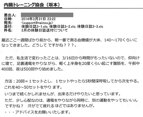 最近ここ1週間ばかり前から、朝一番で計る血糖値が代替140～170くらいになってきました。どうしてですかね？？？ただ私生活で変わったことは3/16から時間がもったいないので仰向けに寝て、足裏通電をやりながら、軽く上半身を20度くらいに起こす腹筋を、午前中400回、夜は500回やり始めました。方法：20回1セットとし1セットやったら5秒間深呼吸してから次をやる。これを40～50セットをやります。いつまで続くかしれませんが、できるだけやりたいと思っています。ただ少し心配なのは、通電をやりながら同時に別の運動をやっていいんですかね？汗が出るほどではありませんが。