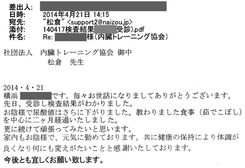 先日受診し、検査結果がわかりました。お蔭様で尿検査はさらに下がりました。終わりました食事（ゆでこぼし）を中心に2か月経過いたしました。さらに続けてがんばってみたいと思います。家内もおかげさまで元気に務めております。共に健康の保持により体調が良くなり何にも代えがたいことと感謝いたしております。今後ともよろしくお願い致します。