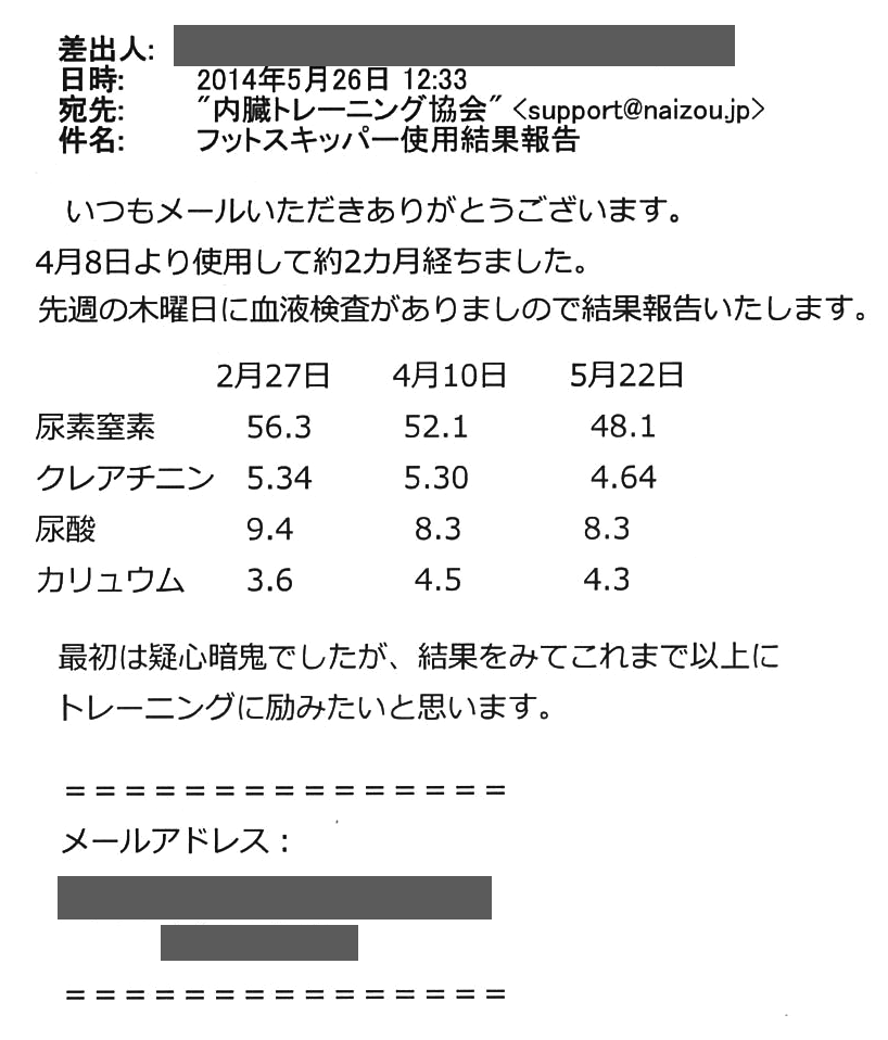 4月8日より使用して約2ヵ月経ちました。先週の木曜日に血液検査がありましたので結果報告いたします。尿素窒素（2月27　56.3、4月10日　52.1、5月22日　48.1）クレアチニン（2月27日5.34、4月10日　5.30、5月22日　4.64）尿酸（2月27日　9.4、4月10日　8.3、5月22日　8.3）最初は疑心暗鬼でしたが、結果をみてこれまで以上にトレーニングに励みたいと思います。