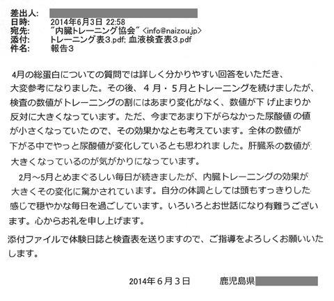 4月の純蛋白についての質問では詳しく分かり易い回答をいただき、大変参考になりました。その後、4月・5月とトレーニングを続けましたが、検査の数値がトレーニングの割にはあまり変化がなく、数値が下げ止まりか反対に大きくなってきています。ただ、今まであまり下がらなかった尿酸値の値が小さくなっていたので、その効果かなとも考えいています。全体の数値が下がる中でやっと尿酸値が変化しているとも思われました。肝臓系の数値が大きくなっているのが気がかりになっています。2月～5月とめまぐるしい毎日が続きましたが、内臓トレーニングの効果が大きくその変化に驚かされています。自分の体調としては頭もすっきりした感じで穏やかな毎日を過ごしています。いろいろとお世話になり有り難う御座います。心からお礼を申し上げます。