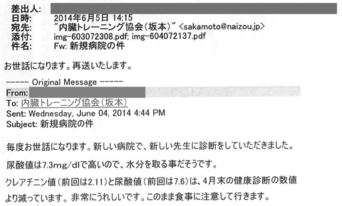 新しい病院で、新しい先生に診断をしていただきました。尿酸値は7.3mg/dlで高いので、水分を取ることだそうです。クレアチニン値（前回は2.11）と尿酸値（前回は7.6）は4月末の健康診断の数値より減っています。非常にうれしいです。このまま食事に注意していきます。