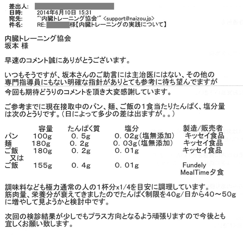 いつもそうですが坂本さんのご助言には主治医にはない、その他の専門指導員にもない明確な指針がありとても参考に待ち望んでいますが今回も期待通りのコメントを頂き大変感謝しています。ご参考までに現在摂取中のﾊﾟﾝ、麺、ご飯の１食当たりたんぱく、塩分量は次の通りです。調味料なども極力通常の人の１杯分×1/4を目安に調理しています。筋肉量、栄養量が衰えてきましたので、タンパク制限を40ｇ/日から40～50ｇに増やしてみようかと検討中です。