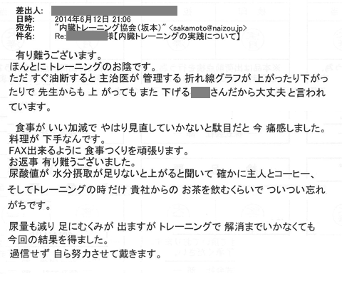 有難うございます。ほんとにトレーニングのお蔭です。ただすぐ油断すると主治医が管理する折れ線グラフが上がったり下がったりで先生からも上がってもまた下げるあなただから大丈夫と言われています。食事がいい加減でやはり見直していかないとだめだと今痛感しました。料理が下手なんです。FAXできるように食事つくりを頑張ります。尿酸値が水分摂取が足りないと上がると聞いて確かに主人とコーヒー、そしてトレーニングの時だけ貴社からのお茶を飲むくらいでついつい忘れがちです。尿量も減り足にむくみが出ますがトレーニングで解消までいかなくても今回の結果を得ました。過信せず自ら努力させていただきます