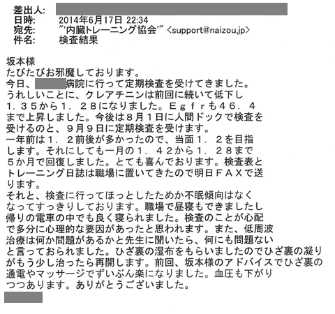 今日病院に行って定期検査を受けてきました。うれしいことにクレアチニンは前回に続いて低下し1.35から1.28になりあｍした。Egfrも46.4まで上昇しました。今後は８月１日に人間ドックで検査を受けるのと、９月９日に定期検査を受けます。一年前は1.2前後が多かったので、当面1.2を目指します。それにしても一月の1.42から1.28まで５か月で回復しました。とても喜んでおります。それと検査に行ってほっとしたのか不眠傾向はなくなってすっきりしております。職場で昼寝もできましたし、帰りの電車の中でも良く寝られました。検査のことが心配で多分心理的な要因があったと思われます。また、低周波の治療は何か問題があるかと先生に聞いたら、何も問題ないと言っておられました。前回坂本様のアドバイスでひざ裏の通電やマッサージでずいぶん楽になりました。血圧も下がりつつあります。ありがとうございました。