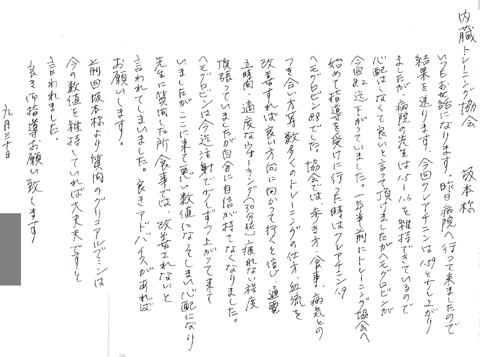 いつもお世話になります。昨日病院へ行ってきましたので結果を送ります。今回クレアチニンは1.59と少し下がりましたが、病院の先生は1.5-1.6を維持できているので心配はしなくて良いと言っていただけましたがヘモグロビンが今回8.2迄下がっていました。一年ｈ癌前にトレーニング協会へはじめて指導を受けに行ったときはクレアチニン1.9、ヘモグロビン8.8でした。協会では歩き方、食事、病気との付き合い方等数多くのトレーニングの仕方、血流を改善すればよい方向に向かっていくと信じ通電五時間、適度なウォーキング（30分位）疲れない程度頑張っていましたが自分に自信が持てなくなりました。ヘモグロビンは今まで注射で少しずつ上がってきていましたがここにきて悪いい数値になってしまい心配になり先生に質問したところ食事では改善されないと言われてしまいました。よきアドバイスがあればお願いします。前回坂本様より質問のグリコアルブミンは今の数値を維持していれば大丈夫ですと言われました。良きご指導をお願い致します。。