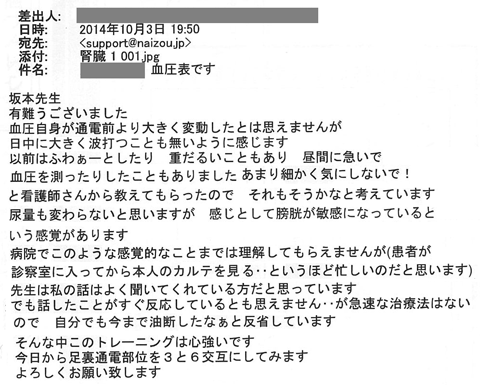 血圧自身が通電前より大きく変動したとは思えませんが、日中に大きく波打つことも無い様に感じます。以前はふわぁーっとしたり重ダルイこともあり、昼間に急いで血圧を測ったりしたこともありました。あまり細かく気にしないで！と看護師さんから教えてもらったので、それもそうかなと考えています。尿量も変わらないと思いますが、感じとして膀胱が敏感になっているという感覚があります。病院でこのような感覚的なことまでは理解してもらえませんが（患者が診療室に入ってから本人のカルテを見る・・・というほど忙しいのだと思います）先生は私の話は良く聞いてくれている方だと思っています。でも話したことがすぐ反応しているとも思えません。が急速な治療法はないので自分でも今迄油断したなぁと反省しています。そんな中でこのトレーニングは心強いです。今日から足裏通電部位を３と６交互にしてみます。