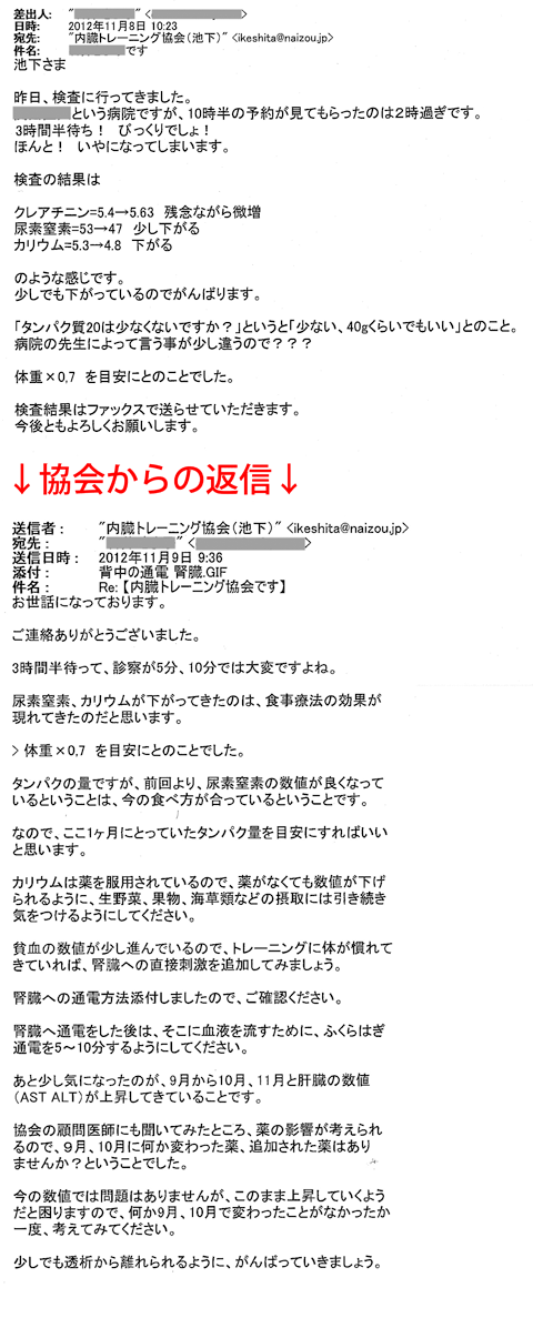昨日、検査に行ってきました。検査の結果はクレアチニン＝5.4→5.63 残念ながら微増　尿素窒素＝53→47 少し下がる　カリウム＝5.3→4.8 下がる　のような感じです。少しでも下がっているのでがんばります。