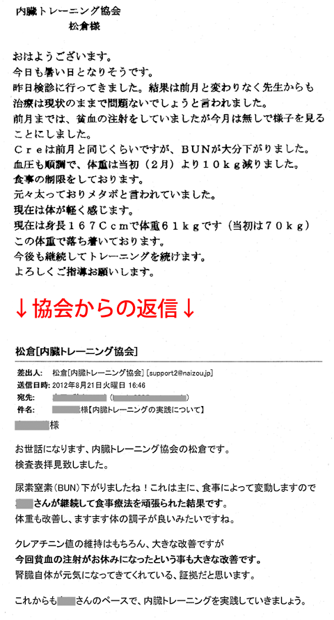 昨日検診に行ってきました。結果は前月と変わりなく先生からも治療は現状のままで問題ないでしょうと言われました。前月までは、貧血の注射をしていましたが今月は無しで様子を見ることにしました。Creは前月と同じくらいですが、BUNが大分下がりました。血圧も順調で、体重は当初（2月）より10kg減りました。
