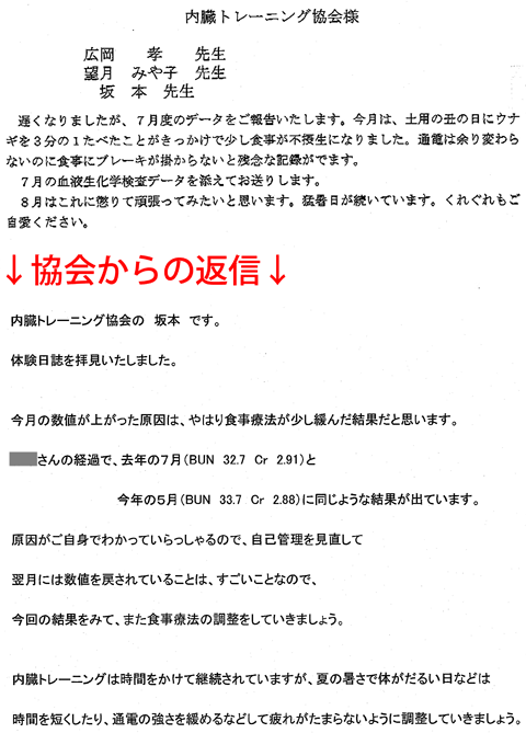 遅くなりましたが、7月度のデータをご報告いたします。今月は、土用の丑の日にウナギを3分の１食べたことがきっかけで少し食事が不摂生になりました。通電は余り変わらないのに食事にブレーキが掛からないと残念な記録が出ます。7月の血液生化学検査データを添えてお送りします。 8月はこれに懲りて頑張ってみたいと思います。