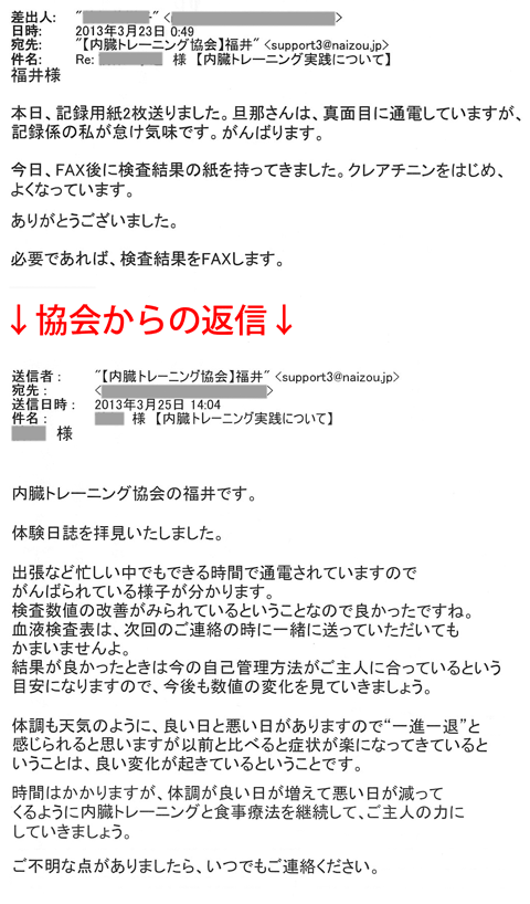 今日、ＦＡＸ後に検査結果の紙を持ってきました。クレアチニンをはじめ、よくなっています。ありがとうございました。
