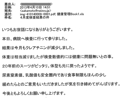 結果は今月もクレアチニンが減少しました。体重は相当減りましたが検査数値的には健康に問題無いとの事。尿素窒素値、乳酸値も安全圏内であり食事制限もほんの少し緩めたらとのご意見もいただきましたが気を引き締めてがんばります。