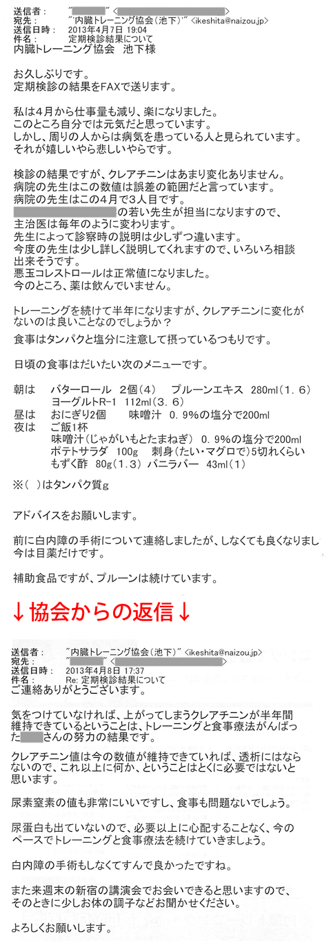 検診の結果ですが、クレアチニンはあまり変化ありません。病院の先生はこの数値は誤差の範囲だと言っています。悪玉コレステロールは正常値になりました。