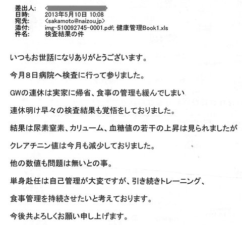 結果は尿素窒素、カリュ－ム、血糖値の若干の上昇は見られましたがクレアチニン値は今月も減少しておりました。他の数値も問題は無いとの事。単身赴任は自己管理が大変ですが、引き続きトレーニング、食事管理を持続させたいと考えております。