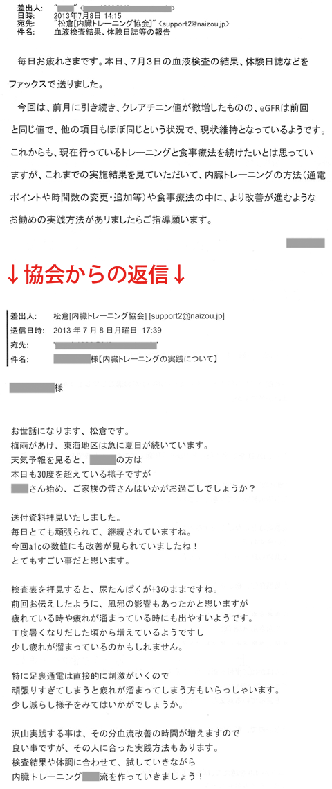 毎日お疲れさまです。本日７月３日の血液検査の結果、体験日誌などをファックスで送りました。今回は、前月に引き続き、クレアチニン値が微増したものの、ｅＧＦＲは前回と同じ値で、他の項目もほぼ同じという状況で、現状維持となっているようです。これからも、現在行っているトレーニングと食事療法を続けたいとは思っていますが、これまでの実施結果を見ていただいて、内臓トレーニングの方法（通電ポイントや時間数の変更・追加等）や食事療法の中により改善が進むようなお勧めの実践方法がありましたらご指導願います。