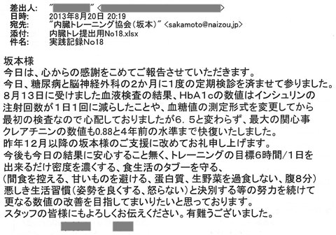 今日、糖尿病と脳神経外科の２か月に１度の定期検診を済ませて参りました。8月13日に受けました血液検査の結果、ＨbＡ1ｃの数値はインシュリンの注射回数が1日1回に減らしたことや、血糖値の測定形式を変更してから最初に検査なので心配しておりましたが6.5と変わらず、最大の関心事クレアチニンの数値も0.88と4年前の水準まで快復いたしました。今後も今日の結果に安心することなくトレーニングの目標6時間/1日をできるだけ密度を濃くする、食生活のタブーを守る、悪しき生活習慣と決別する等の努力を続けて更なる数値の改善を目指してまいりたいと思っております。