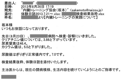 先日（8月23日）、病院へ検査・診察にいきました。クリアチニン値については、3.88と下がっています。尿素窒素は46.4．カリウム値は、5.0と下がりました。尿酸値はぎりぎり正常値内です。7.0です。