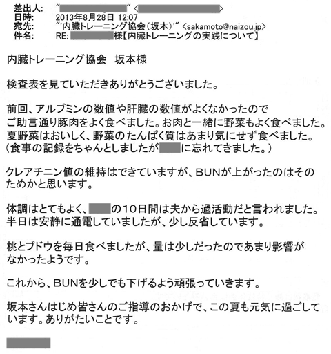 前回、アルブミンの数値や肝臓の数値がよくなかったのでご助言通り豚肉をよく食べました。お肉と一緒に野菜もよく食べました。クレアチニン値の維持はできていますが、ＢＵＮが上がったのはそのためかと思います。体調はとてもよく、夫からは解除活動だと言われました。半日は安静に通電していましたが、少し反省しています。これから、ＢＵＮを少しでも下げるよう頑張っていきます。