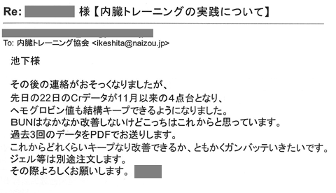その後の連絡がおそくなりましたが、先日の22日のCrデータが11月以来の4点台となり、ヘモグロビン値も結構キープﾟできるようになりました。BUNはなかなか改善しないけどこっちはこれからと思っています。過去3回のデータをPDFでお送りします。これからどれくらいｷｰﾌﾟなり改善できるか、ともかく頑張っていきたいです。ジェル等は別途注文します。