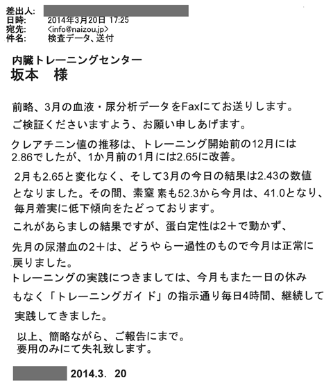 クレアチニン値の推移は、トレーニング開始前の12月には2.86でしたが、1ヶ月前の1月には2.65に改善。2月も2.65と変化なくそして3月の今日の結果は2.43の数値となりました。その間素窒素も52.3から今月は41.0となり、毎月着実に低下傾向をたどっております。これがあらましの結果ですが、尿蛋白定性は2+で動かず、先月の尿潜血の2＋はどうやら一過性のもので今月は正常に戻りました。トレーニングの実践につきましては今月もまた1日の休みもなく「トレーニングガイド」の指示通り毎日4時間、継続して実践してきました。