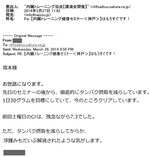 お世話になります。先日のセミナーの後から、徹底的にタンパク摂取を減らしています。1日30グラムを目標にしていて、今のところクリアしています。前回土曜日のCrは、残念ながら7.3でした。ただ、タンパク摂取を減らしてから解除、むくみもだいぶ解消されたような気がします。