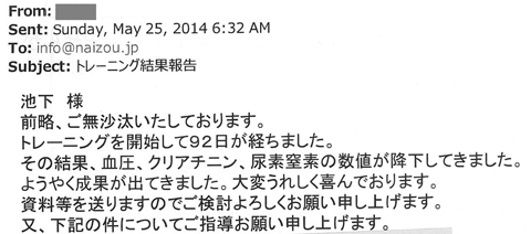 トレーニングを開始して92日が経ちました。その結果、血圧、クレアチニン、尿素窒素の数値が降下してきました。ようやく成果が出てきました。大変うれしく喜んでおります。資料等を送りますのでご検討よろしくお願い申しあげます。