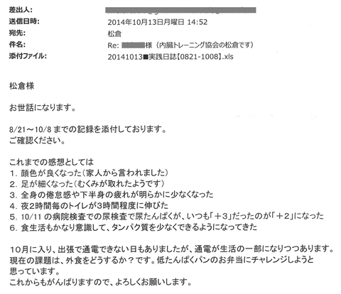 顔色が良くなった　足が細くなった　むくみが取れた　全身の倦怠感や下半身の疲れが明らかに少なくなった　尿検査　尿たんぱくが+3から+2　低たんぱくパン