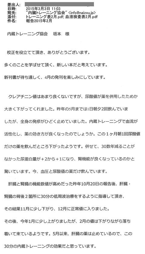 クレアチニン値はあまり良くないですが、尿酸値が薬を併用したためか大きく下がってくれました。昨年の5月までは1日朝夕2回飲んでいましたが、全身の発疹がひどく止めていました。内蔵トレーニングで血流が活性化し、薬の効き方が良くなったのでしょうか。この１ヶ月朝1回尿酸値だけの薬を飲んだところ下がったようです。併せて、30数年減ることがなかった尿蛋白量が＋2から＋1になり、腎機能が良くなっているのかと驚いています。今、血圧と尿酸値の薬だけ飲んでいます。肝臓と腎臓の機能数値が高めだった昨年10月20日の報告後、肝臓・腎臓の背後２箇所に30分の低周波治療をするように指導して頂き、その結果11月に少し下がり、12月に正常値に入りました。その後、今年1月に少し上がりましたが、2月の値は下がりながら落ち着いて来ているようです。5月以来、肝臓の薬は止めているので、この30分の内蔵トレーニングの効果だと思っています。